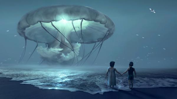 Fantasie: Zwei Kinder händehaltend am Meer und über dem Meer schwebt eine riesige leuchtende Qualle mit tentakeln.